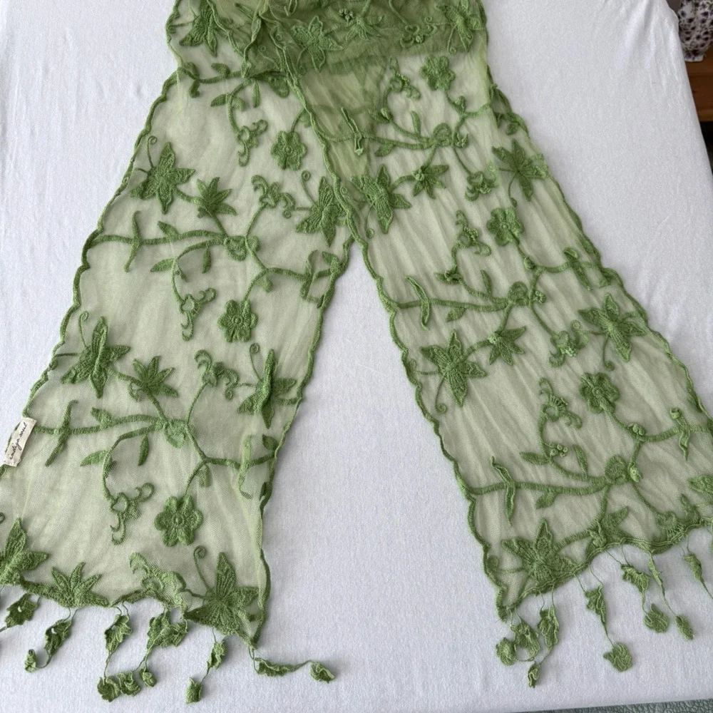 Indigo Soul Scarf Women Green Floral Mesh Embroidered Tassel Boho Cottagecore